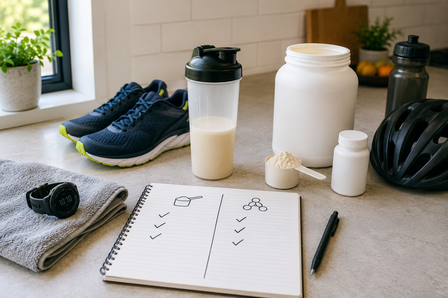 BCAA tablets and whey protein recovery setup for endurance athletes with running shoes, shaker and checklist