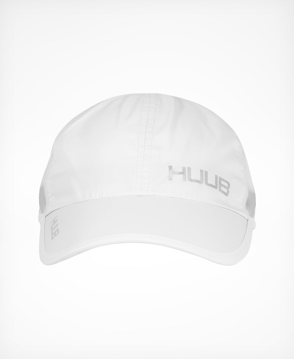 HUUB Race Cap II – mesh, flat panel, race running cap in Coral, White, or Black, ultra-lightweight and adjustable.