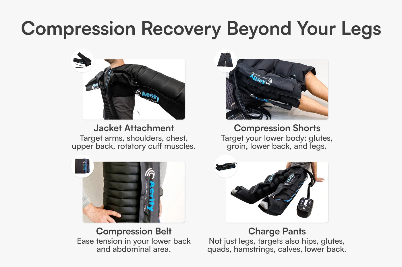 Aerify Charge Compression Boots wireless portable recovery with 8 chambers and 240mmHg max pressure