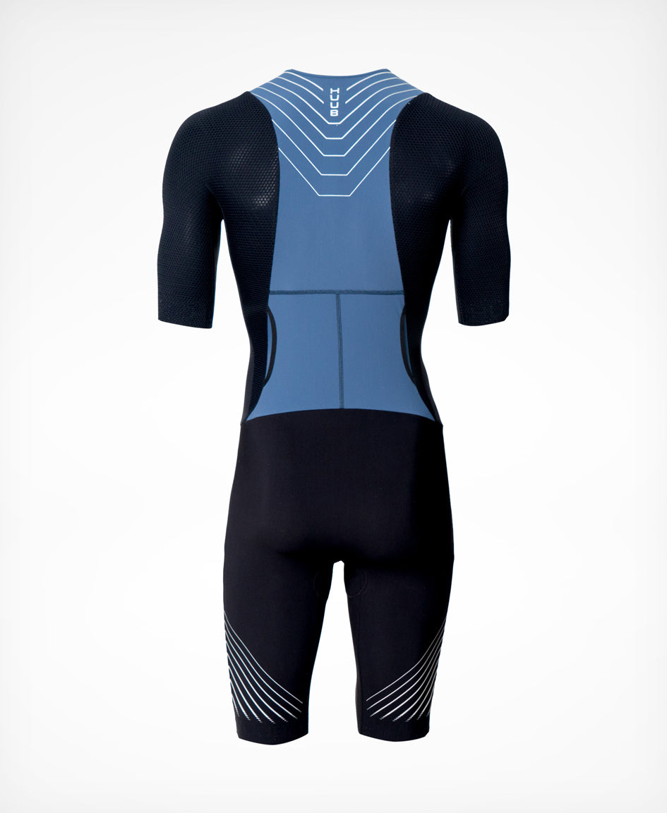 HUUB Pinnacle Tri Suit Men’s – Clay, Steel Blue, open zip aero race-fit suit, arms neutral design.