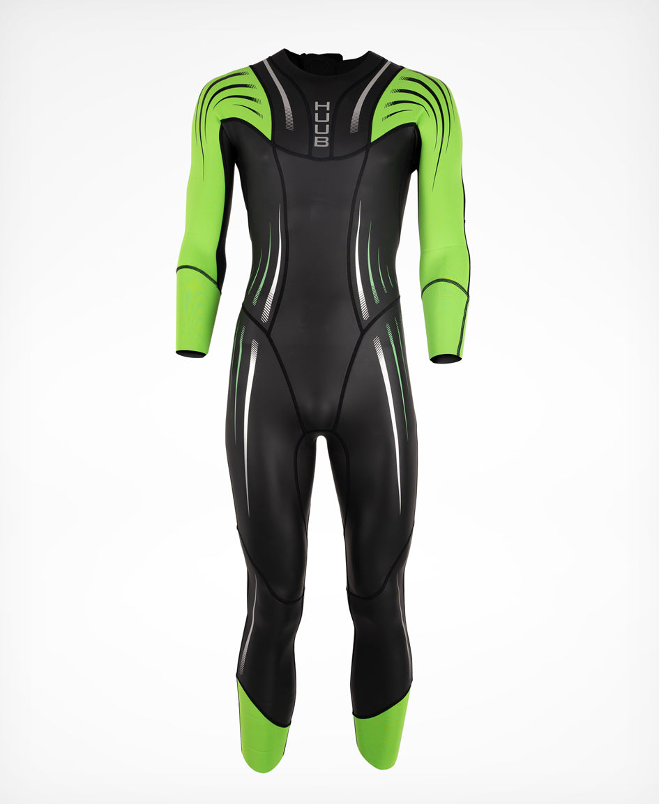 HUUB Surface Wetsuit Fluo Green men’s open water suit, fluo cuffs for visibility and flexible panels