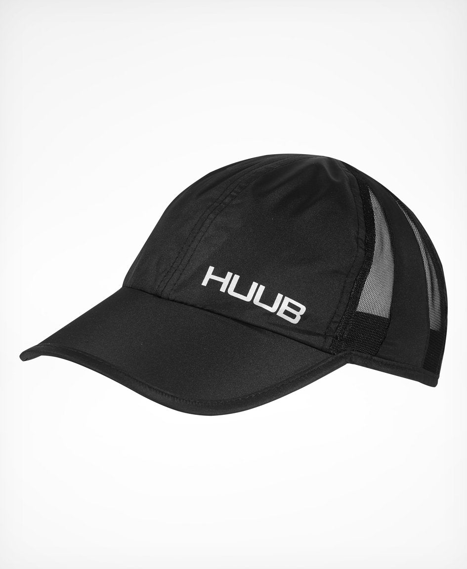 HUUB Race Cap II – mesh, flat panel, race running cap in Coral, White, or Black, ultra-lightweight and adjustable.