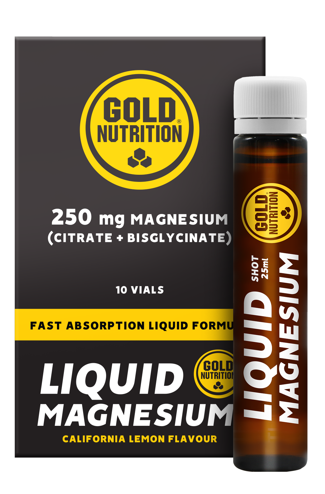 GoldNutrition magnesium vial, 25 ml for vitamins and supplements, with a clear label and metallic cap in the image.
