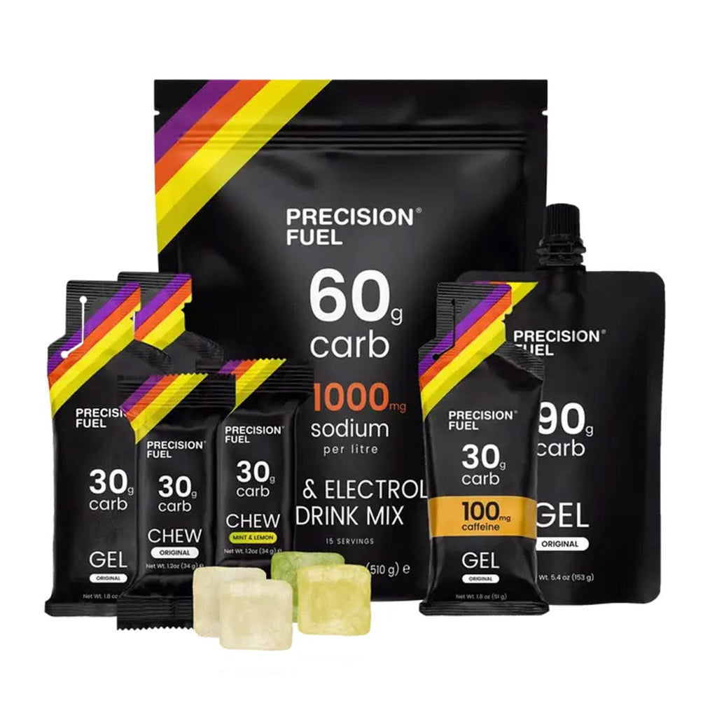 Precision Fuel & Hydration Fuel Sample Pack with drink mix, PF 90 gel, PF 30 gels, caffeine gel, and PF 30 chews
