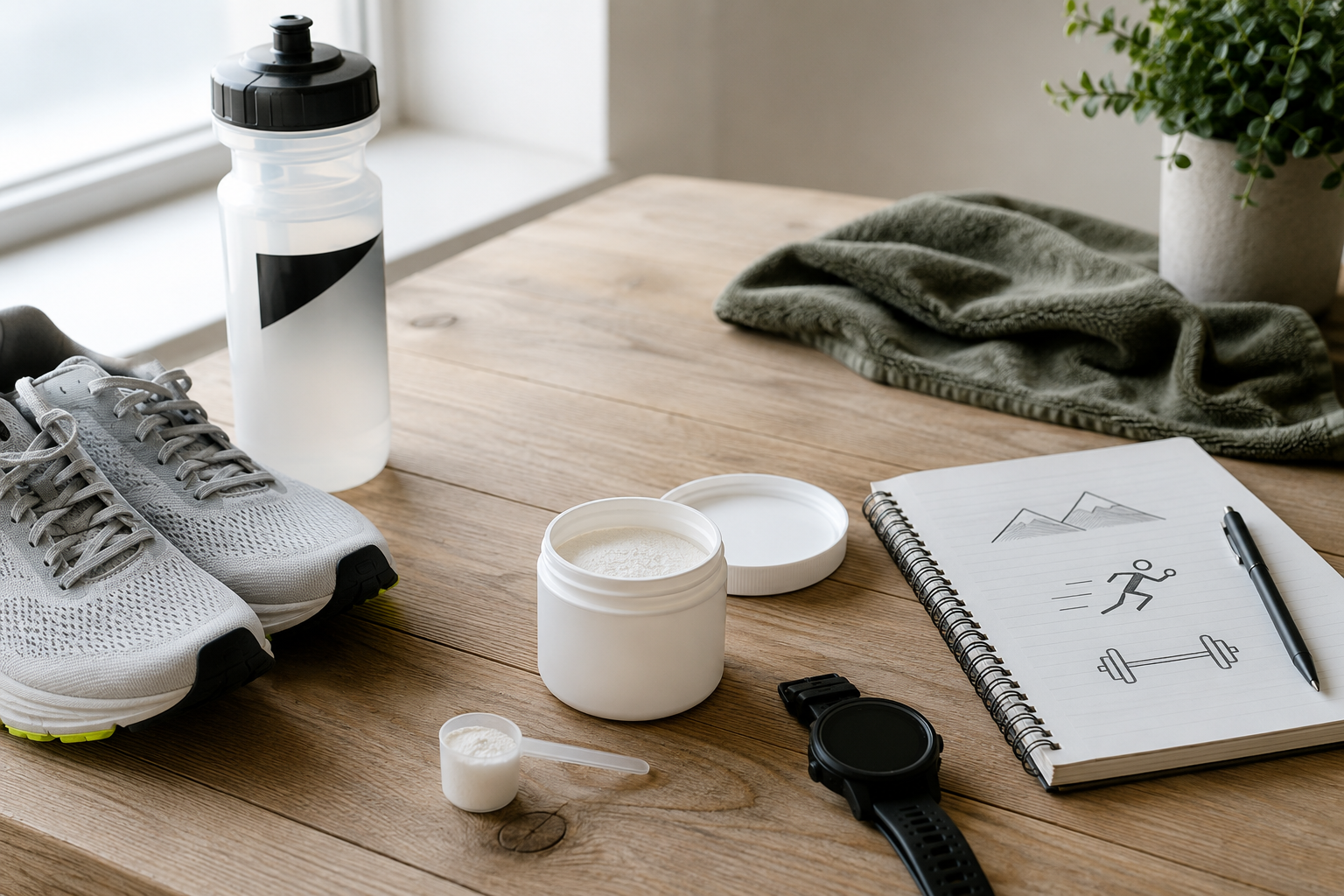 Creatine strength-block setup for endurance athletes with running shoes, bottle, notebook and training watch