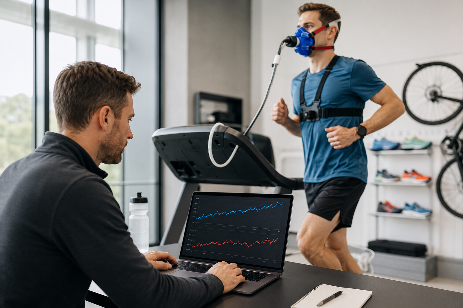 VO2 max testing setup for runners, cyclists and triathletes in a performance lab