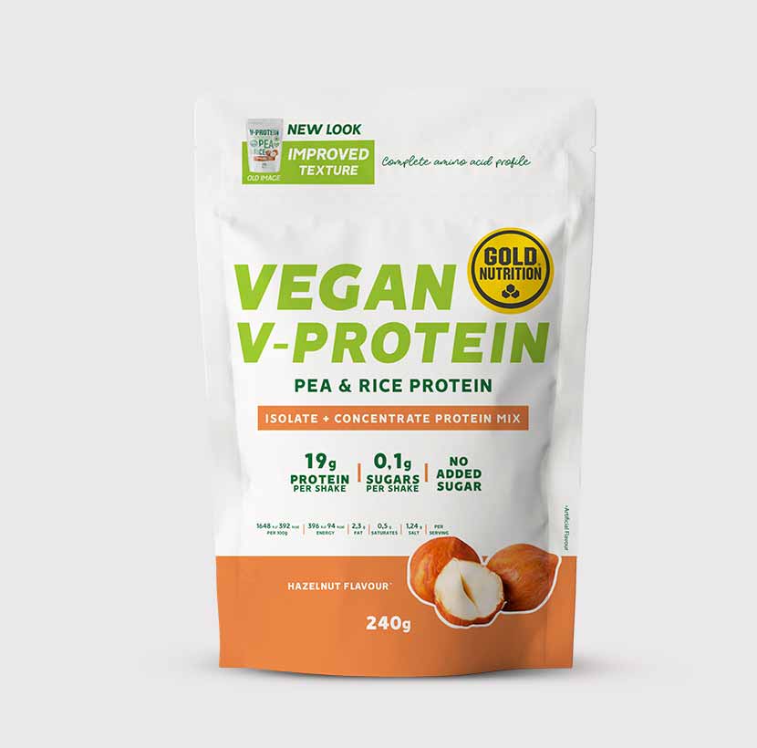 GoldNutrition V-Protein Hazelnut 240g vegan protein powder packaging side view