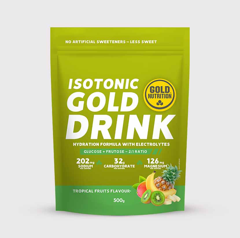 GoldNutrition Gold Drink 500g vitamin and supplement powder in a jar, featuring a yellow and gold label with nutritional information.