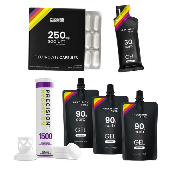 Precision Fuel & Hydration Marathon Pack with PF 90 gels, PF 30 gel, electrolyte tablets, and electrolyte capsules